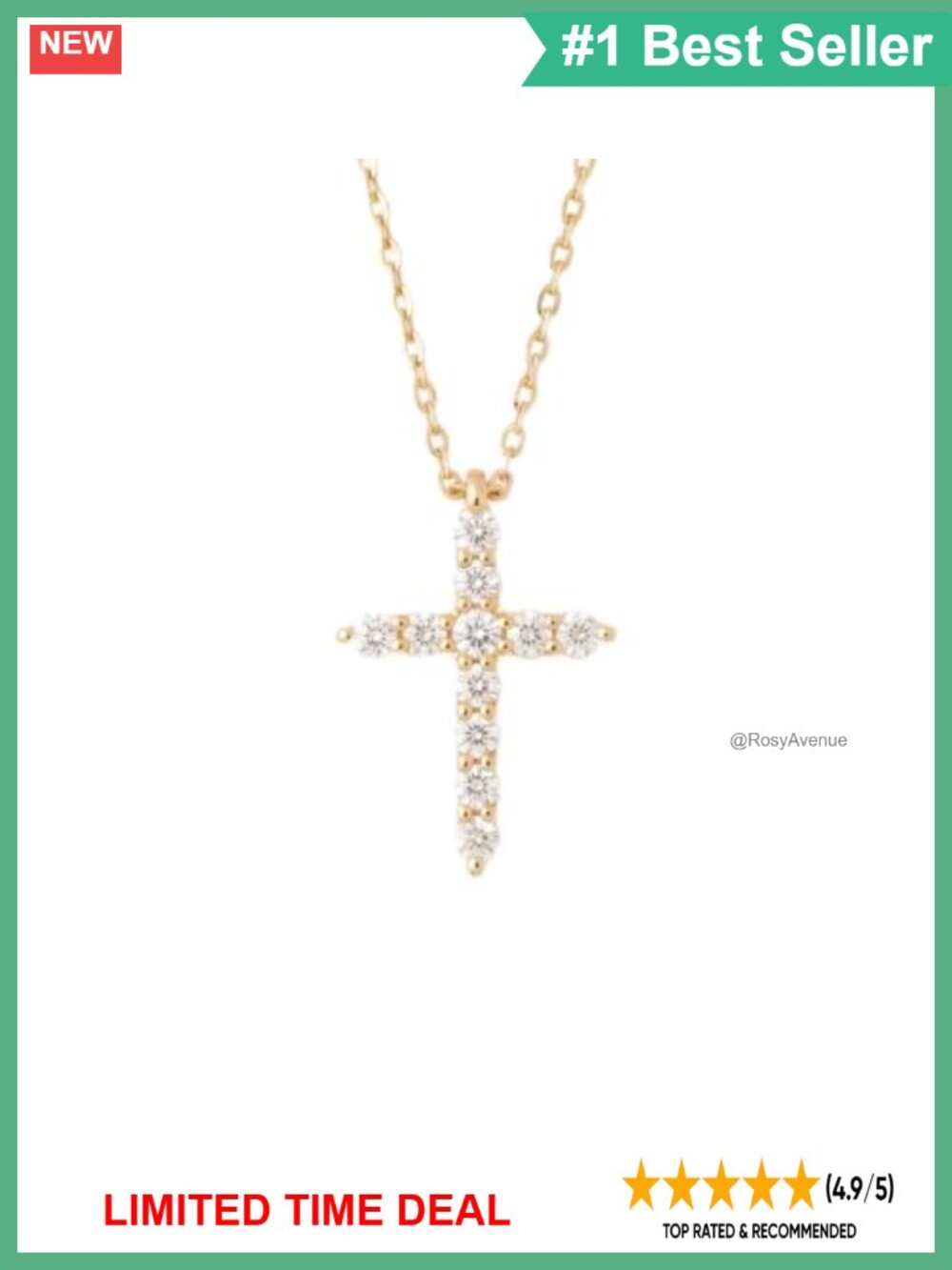 Dainty Pave Diamond Cross Necklace 14K Solid Gold 18 Inch